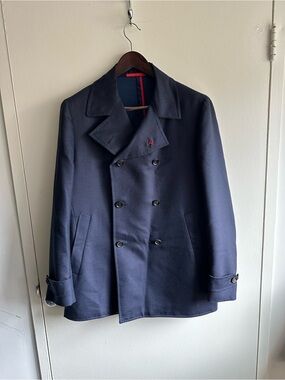ISAIA Cashmere Blend Navy Double-Breasted Peacoat Full Presentation EU50